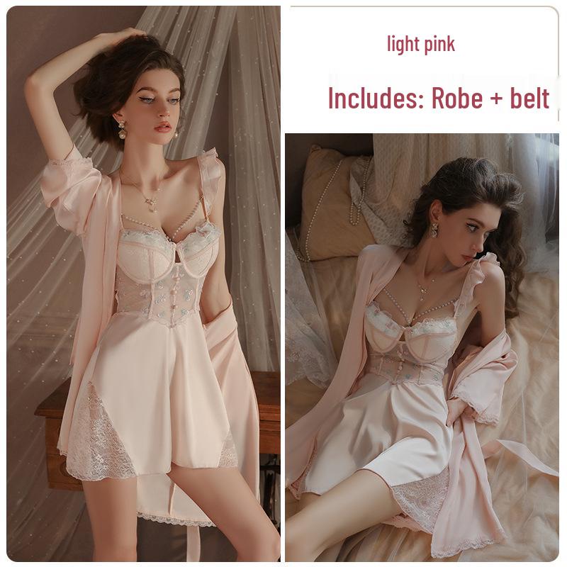 Guiruo Plus Size Deep V Underwire Mesh Camisole Nightgown Set