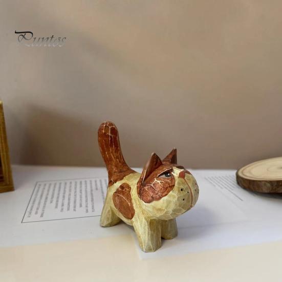 Unique Handcrafted Cat Decor Tabby Wood Figurine with Painting, Hand Carved Basswood Natural Animal Carvings Statue, Art Ornament for Home Office Desk
