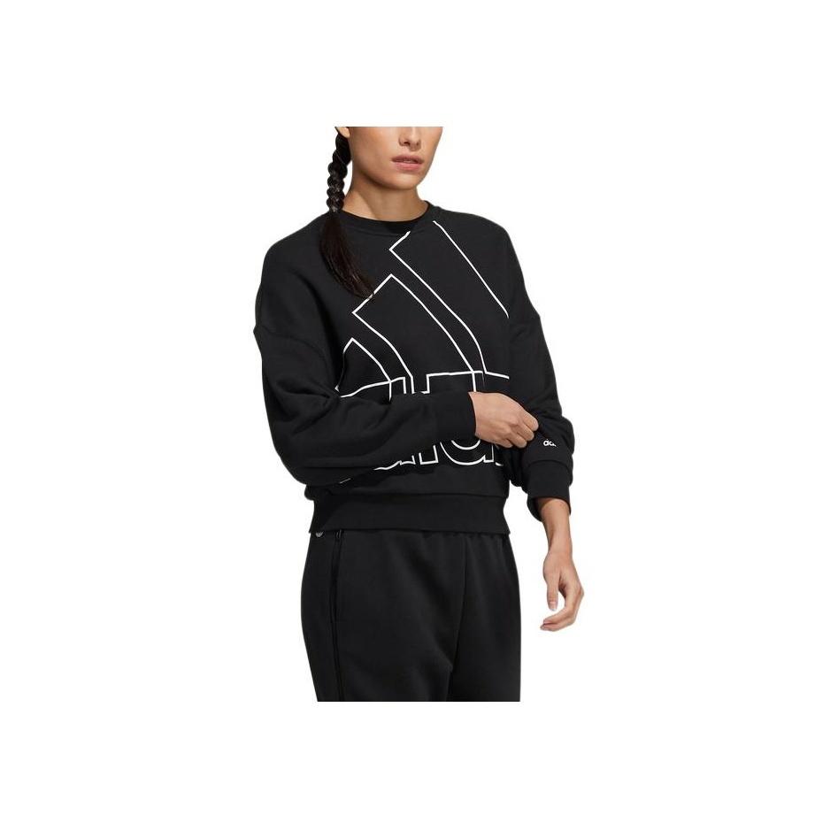 Adidas Large Logo Print Pullover Crew Neck Sweatshirt Women Tops Black HM9378
