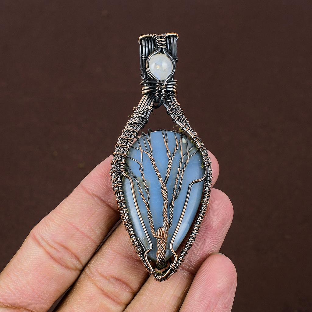 Owyhee Opal, Moonstone Gemstone Copper Wire Wrap Pendant 3.15"