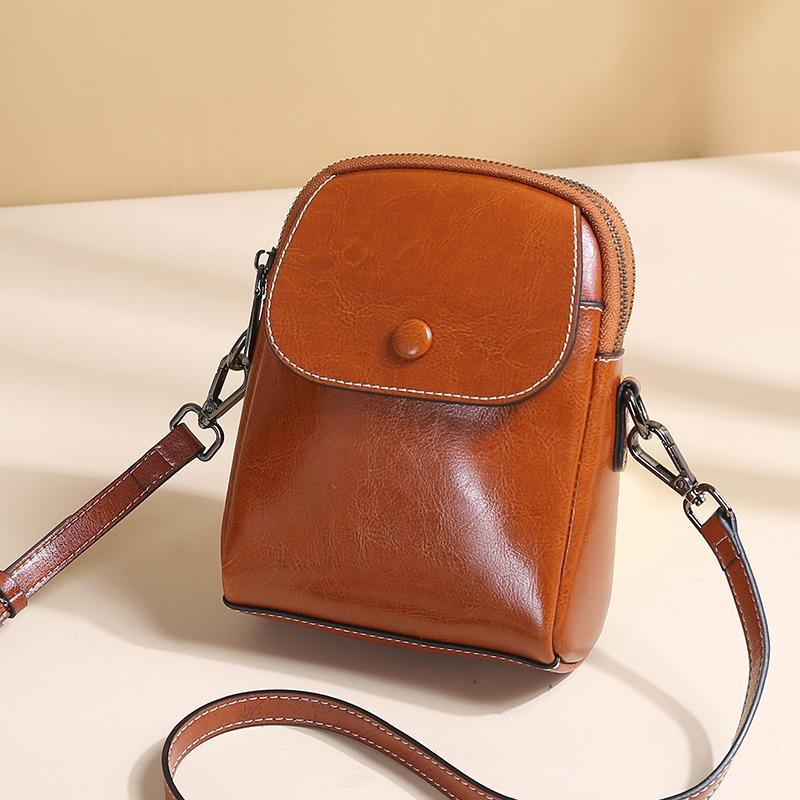 Retro oil wax cowhide small bag mobile phone bag new leather women's bag shell bag versatile shoulder messenger bag