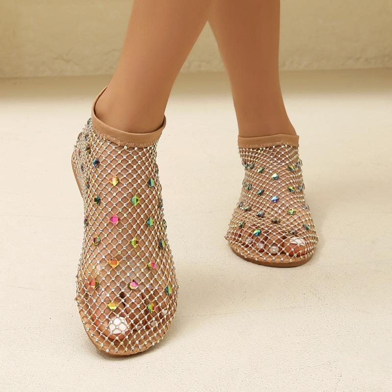 Fashion Plus Size Hollow Summer Net Shoes Fashion Foreign Style All-match Rhinestone Sleeve Soft Sole Sandal Boots