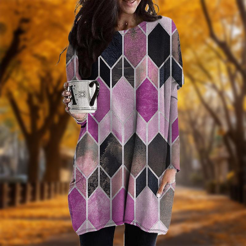 Neu Herbst Edelstein Print Übergröße Kleid Damen O-Ausschnitt Lange Ärmel Lässig Taschen Kleider