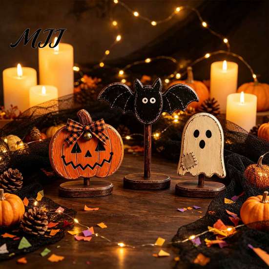 Housewarming Gifts for Home Lovers Halloween Wooden Tabletop Decor, Vintage Pumpkin Ghost Bat Figurines, Rustic Farmhouse Autumn Atmosphere
