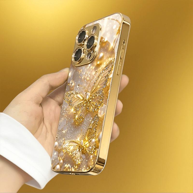 Golden Butterfly Pattern Gold Metallic Paint Glass Phone Case For iPhone 17 Pro Max 11 12 13 14 15 16 Plus 17 Air 16E Cover