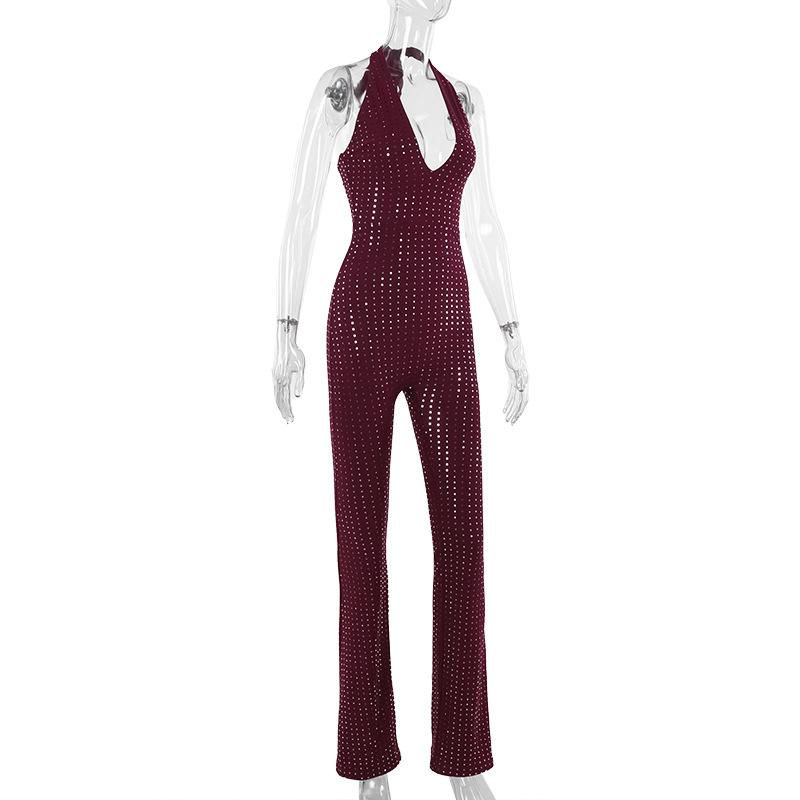 Seksowny kombinezon z dekoltem halter i głębokim dekoltem w serek, z hot drill, cienki, błyszczący, wyszczuplający, w stylu Spice Girl, casualowy