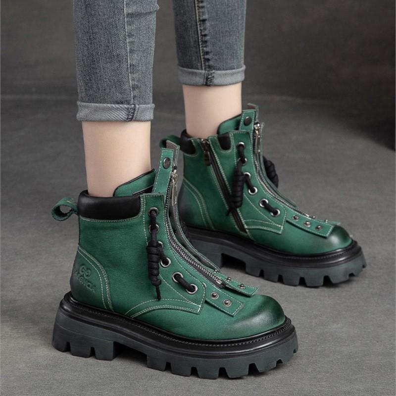 Johnature Retro Genuine Leather Women's Shoes Round Toe Thick Sole Versatile Short Boots