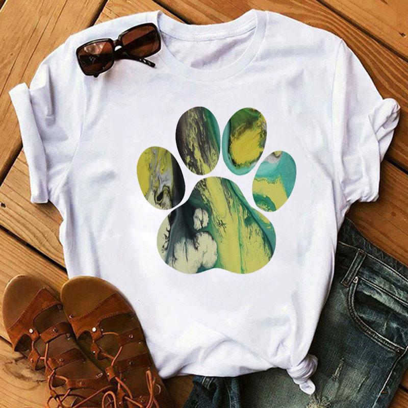 Fashion Women T-Shirt Cartoon Tee Shirts Watercolor Heart Dog Paw T Shirt Harajuku Tops Tee Short Sleeve Cute Female Tshirts Tee