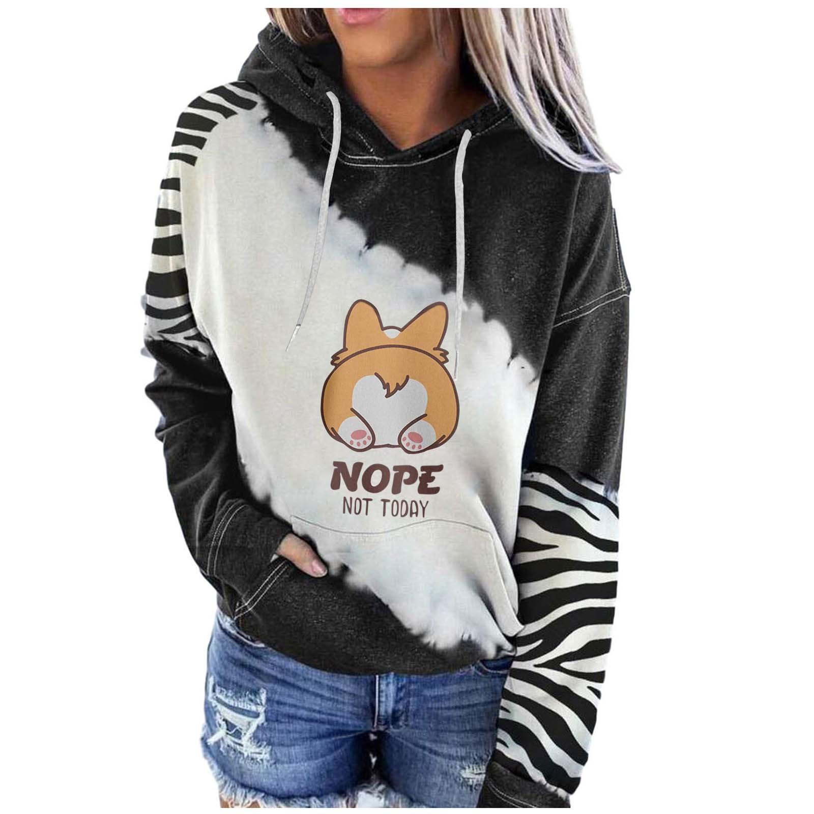 

Женская мода для отдыха, рождественской вечеринки, с длинным рукавом и принтом, свитер корги, пуловер с капюшоном, топ S чёрный