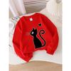 Kids Crewneck Sweatshirt, Black Cat with Heart & Whiskers Print,Casual Sportswear for Spring & Autumn