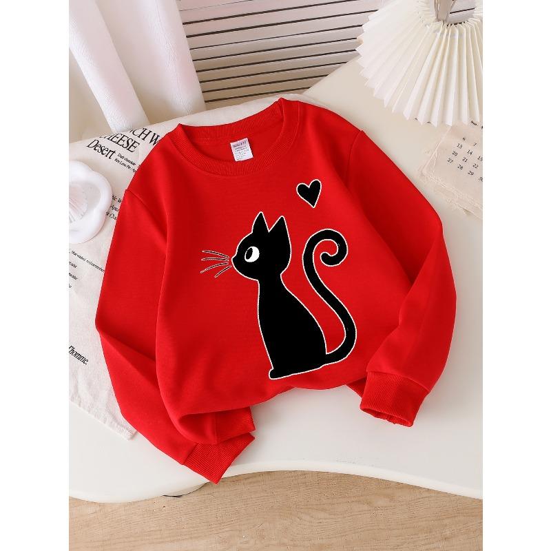 Kids Crewneck Sweatshirt, Black Cat with Heart & Whiskers Print,Casual Sportswear for Spring & Autumn