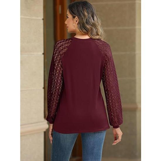 GMXIA Fall New Women's Long Sleeve Shirt for Women Lace Top Casual Autumn Knit Shirt
