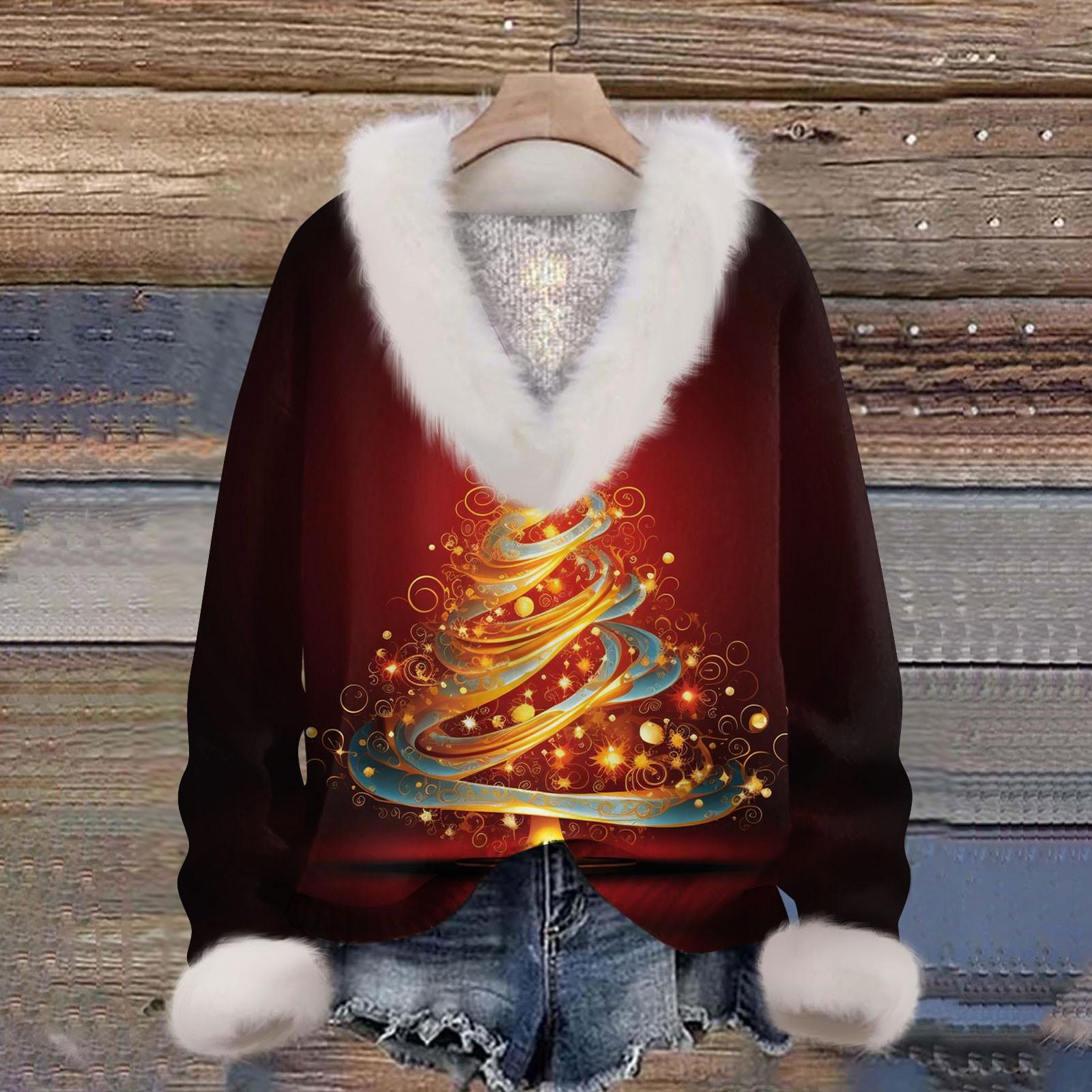 

Женская мода повседневный рождественский принт с длинным рукавом и V-образным вырезом пуловер для волос XL винный