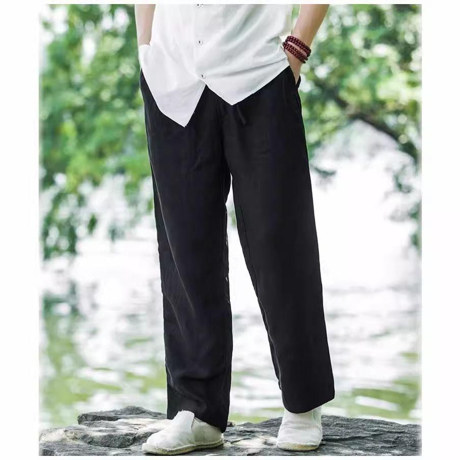 Summer New Chinese Style Men's Solid Color Loose Cotton Linen Wide-leg Trousers Large Size Casual Thin Straight Pants