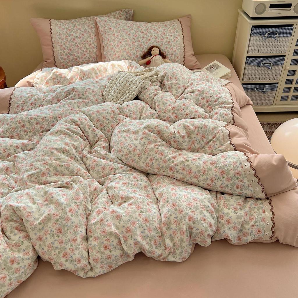 Korean Fresh Four-Piece Set: Cotton Lace Trim, Double Layer Gauze, Aerobic Jacquard Herringbone, Thickened.