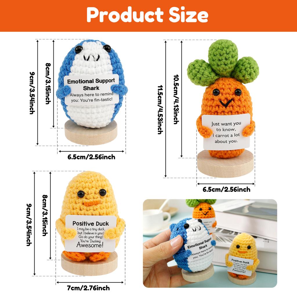 3 Pcs Emotional Support Crochet Animals Handmade Inspirational Crochet Dolls with Motivational Cards and Wood Bases Unique