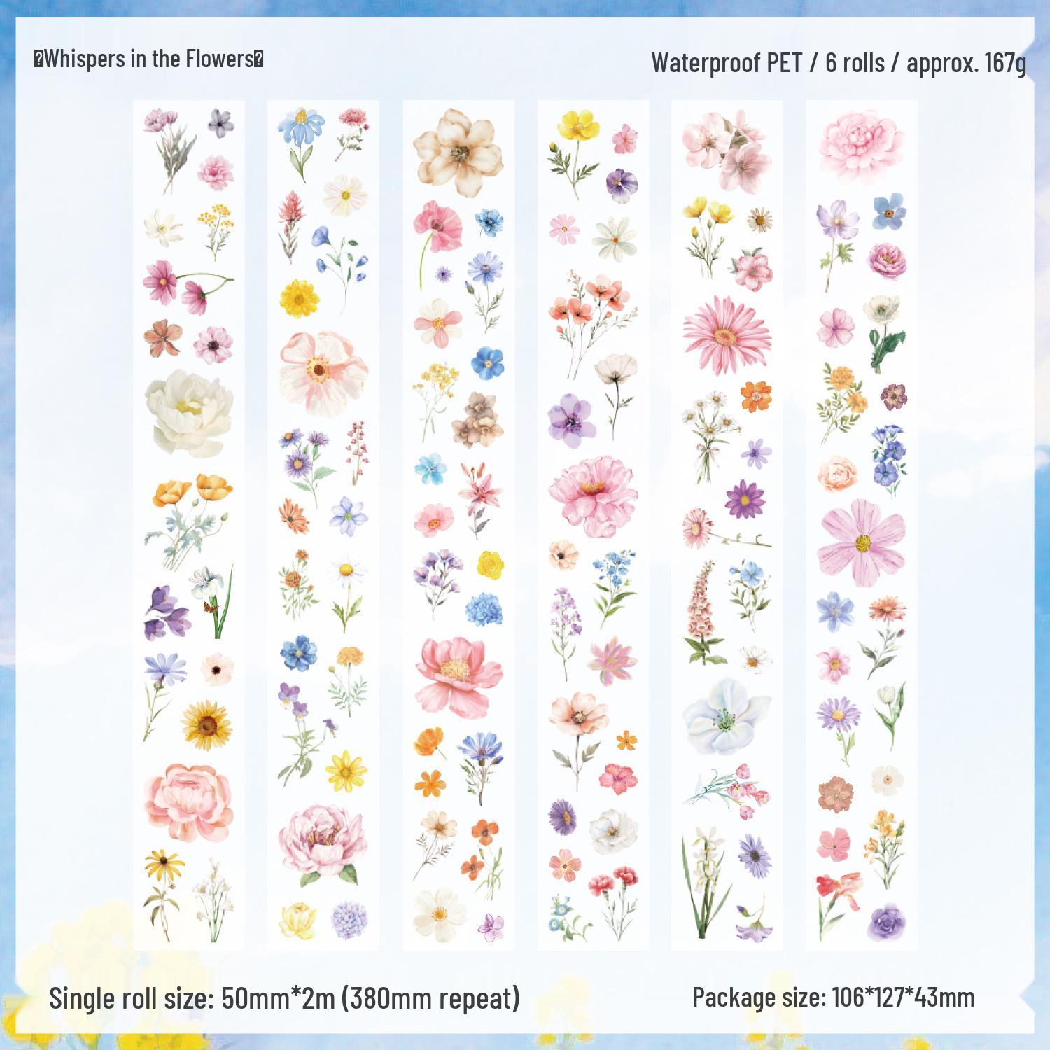 ZABC PET Die-cut Decorative Tape Set: Fragrant Narrative Series - 2 Styles, 6 Rolls, Petal Theme