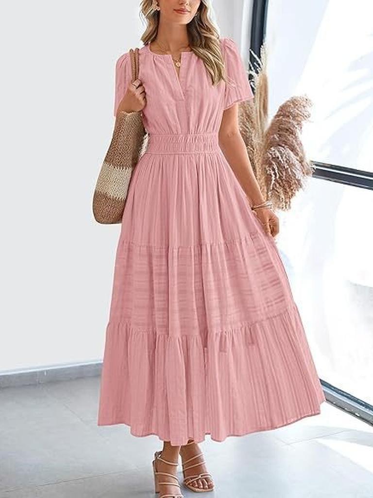 Spring/Summer Women's Fashion V-Neck Ruffled Bubble Sleeve Layered Maxi Dress for Women