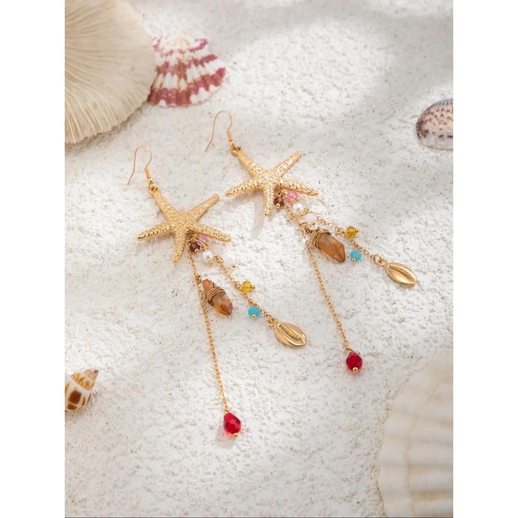 Women's Bohemian-style Alloy Statement Earring Set with a Nautical Starfish and Seashell Design, Perfect for Everyday Wear