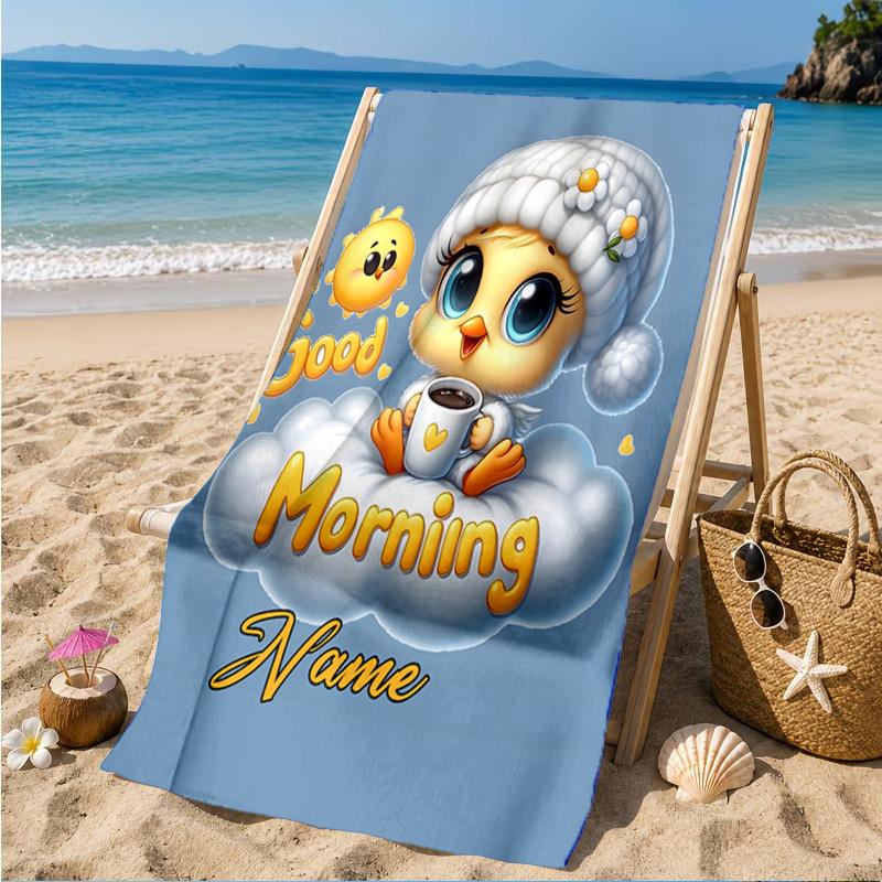 Custom Name Good Night Yellow Bird Heart In Space Adventure Microfiber Beach Towel, Lightweight for Summer Travel, Swimming Pool Fan Gift