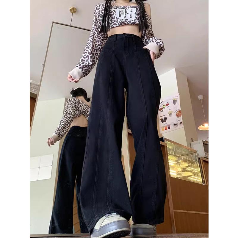 Women's Plus Size Black A-line Wide-Leg Jeans - Autumn/Winter Slimming Loose Fit for Pear-Shaped Figures