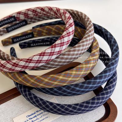 Vintage Preppy Styl Drobna Kratka Opaska na Głowę Słodka Kratka Dziewczęca Drobna Krawędź Gąbka Wysoka Czaszka Górna Obręcz do Włosów