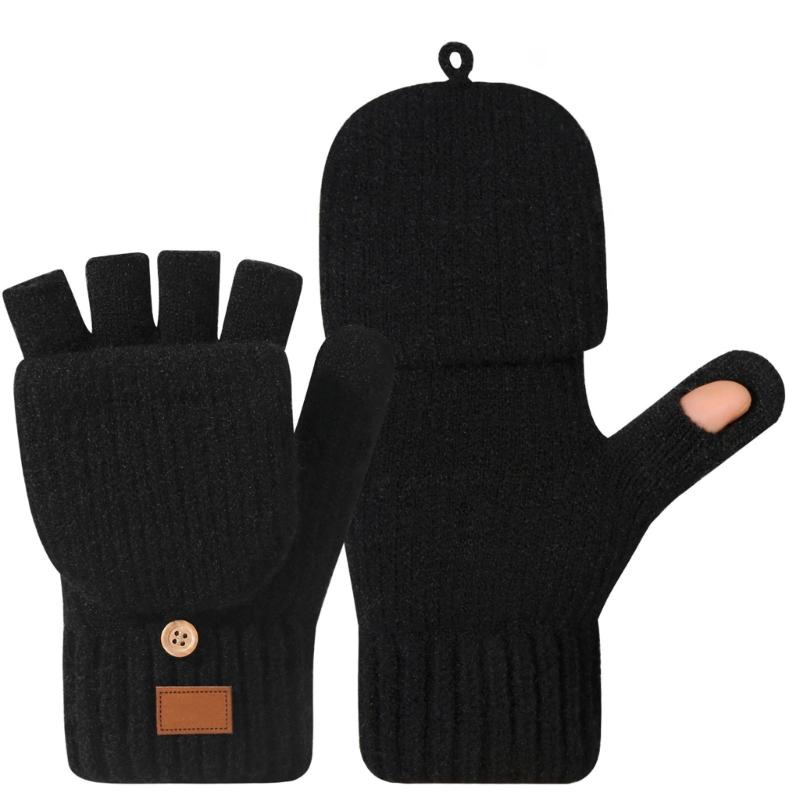 Women Half Finger Winter Gloves Thickened  Insulated Windproof Knit Design With Double Fleece Lining For Cold Weather