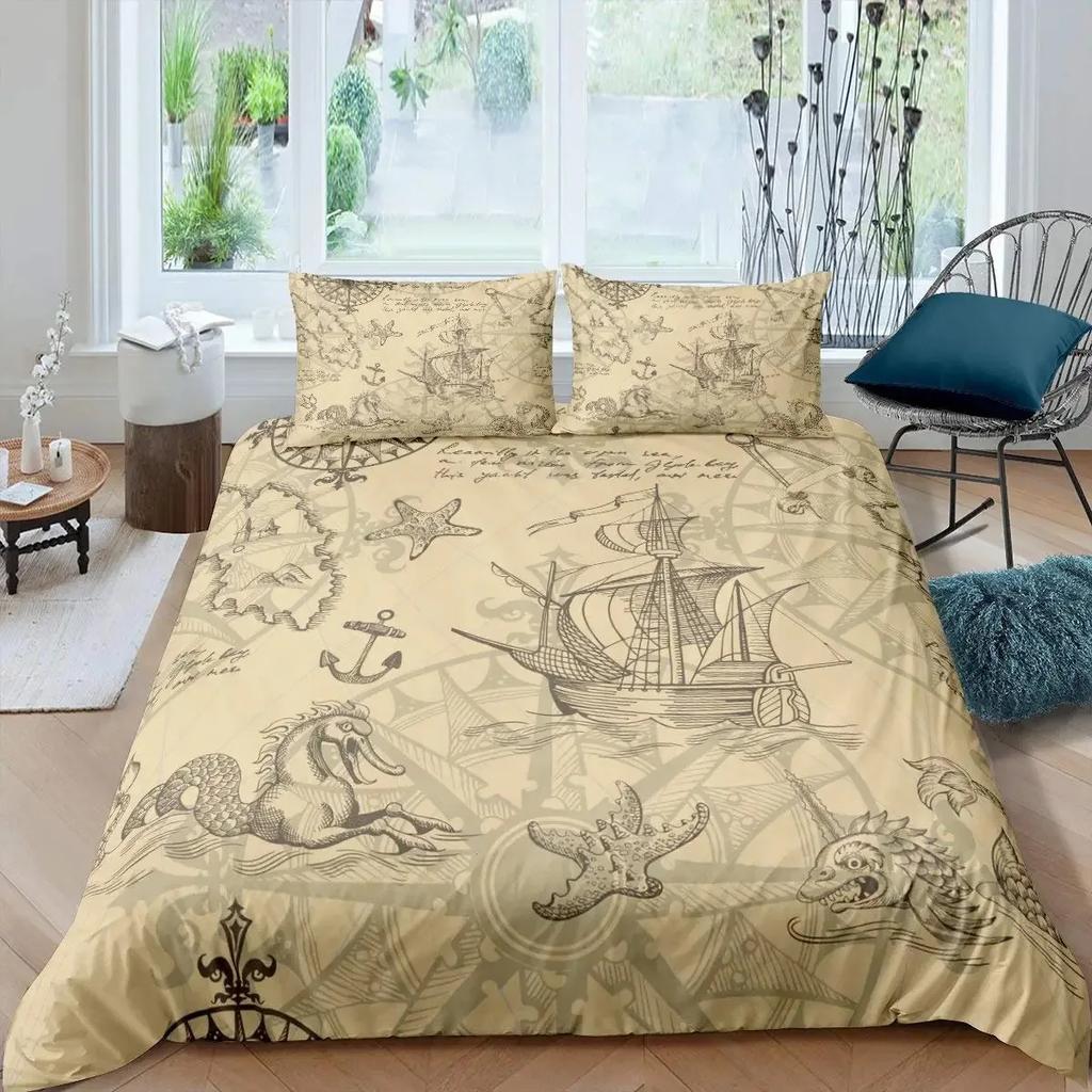 Segelboot Bettbezug Set Maritimes Bettwäsche Set Segelschiff Bettbezug Holzboot Piratenyacht Abenteuer Thema Quiltbezug