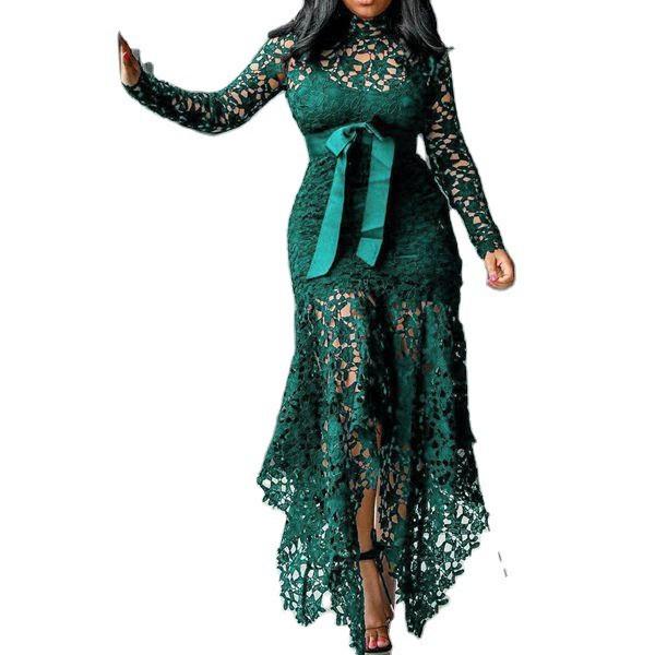 2025 Women's Lace Hollow Long Sleeve Stand Collar Dress - 5 Color Irregular Design