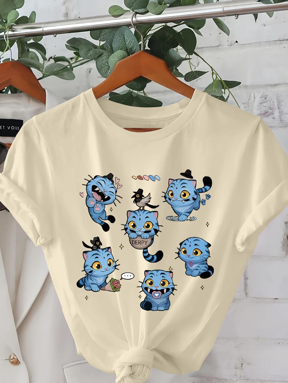 

Cute Demon Hunter Tiger Graphic Print T-shirt Short Sleeve Round Neck Casual Top For Summer And Spring Women s Clothing S