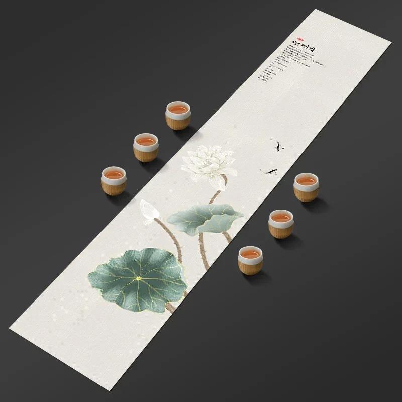 Chinese Lotus Pattern Table Runner Water-Repellent Coffee Table Cloth Decorative Cotton Linen Tea Mat Tea Ceremony Accessories