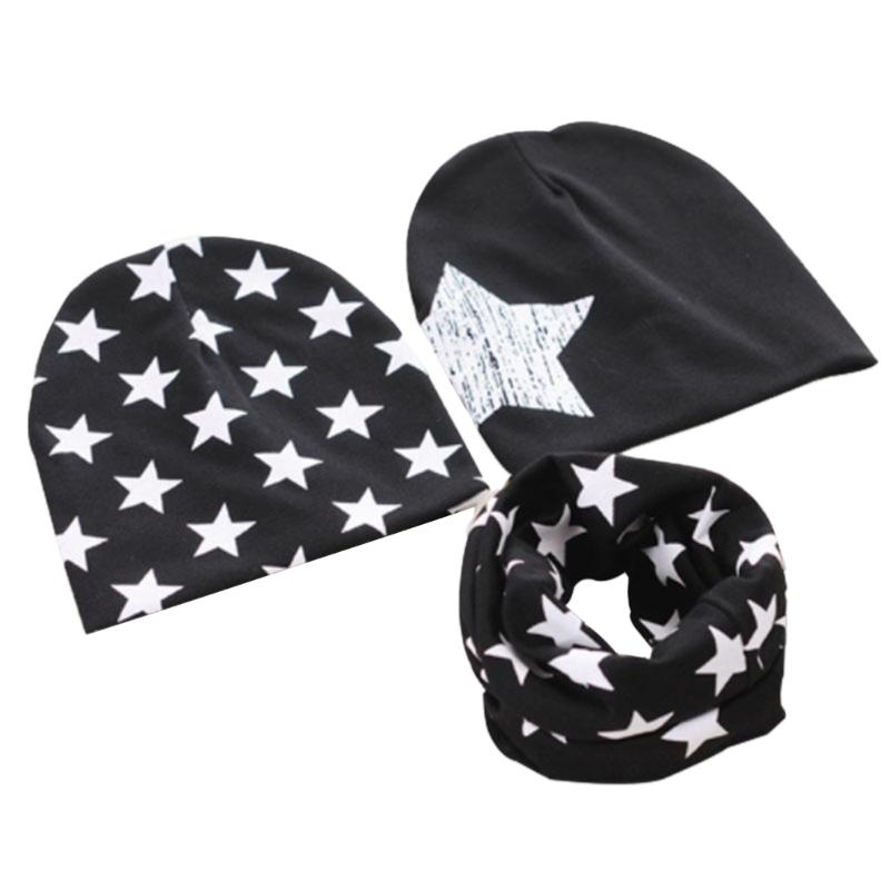 

Baby Hat & Scarf Set 3Pcs Unisex Toddler Muslin Hat Pentagram Print Beanie Collar Scarf Infant Windproof Warm Headdress чорний