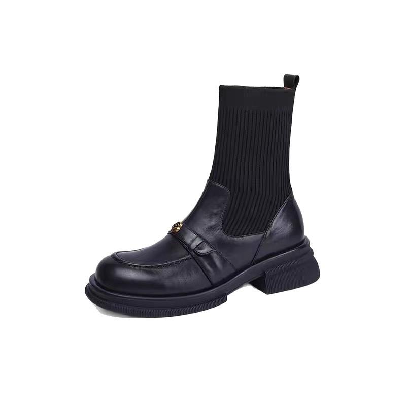 Soft leather round head huge comfortable knitted socks and boots women's 2025 new thick-soled versatile short boots plus autumn and winter velvet