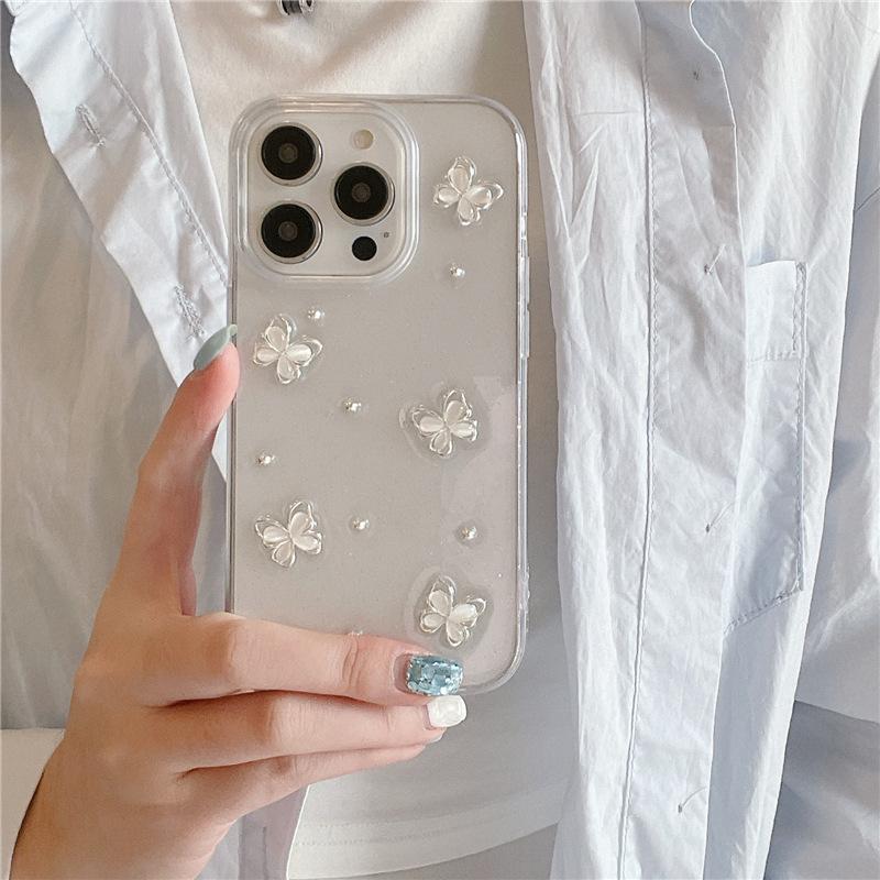 Epoxy three-dimensional pearl butterfly is suitable for Apple 15 mobile phone case 14ProMax new iPhone13 creative 12 women