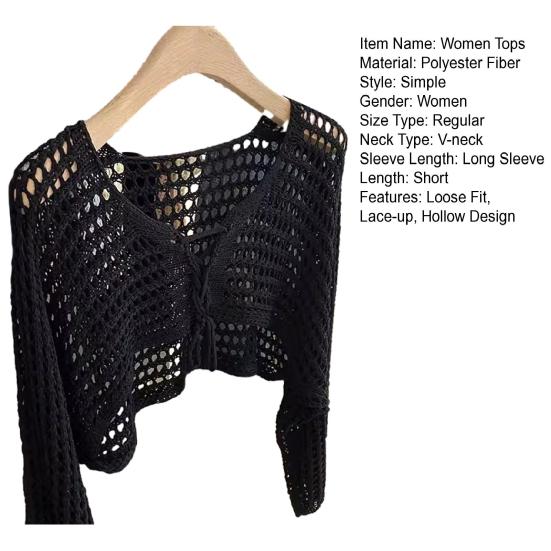 Women Tops Loose Fit Casual Knitted Blouse Solid Color Hollow Design Lace-up Summer Sun Protection Short Blouse