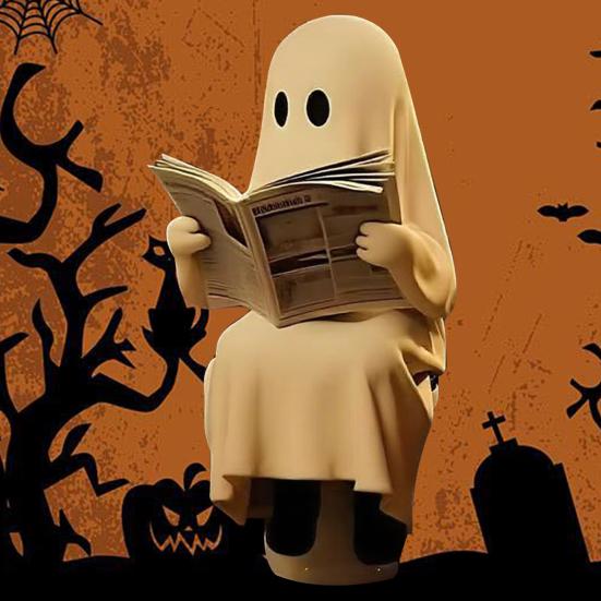 Socha Ducha Čtoucího Knihu Roztomilý Duch na Toaletě Čtoucí Figurka Pryskyřice Halloweenská Dekorace do Koupelny na Stůl Poličku Dekor