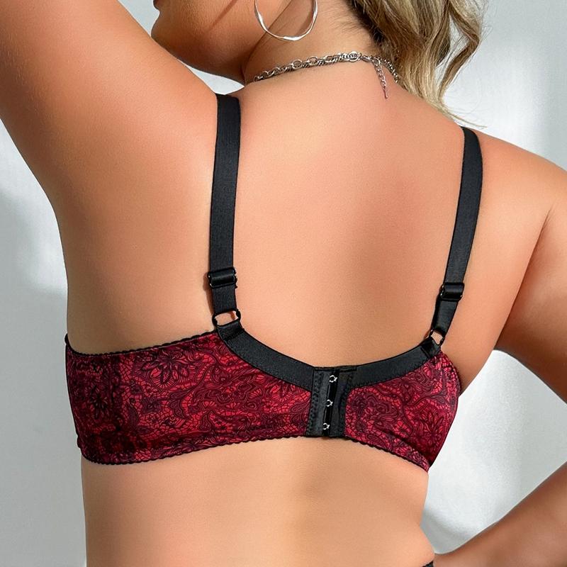 Women Plus Size Floral Print Bra With Wired Sexy Lace Breathable Underwear Full Cup 85C-110D