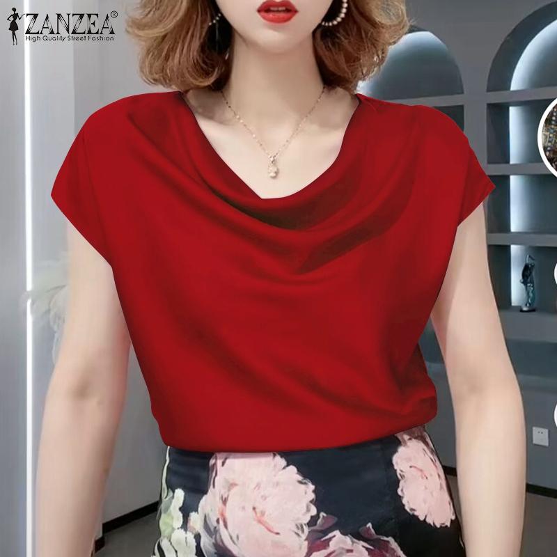 

ZANZEA Женская атласная рубашка с круглым вырезом и коротким рукавом, однотонные летние топы