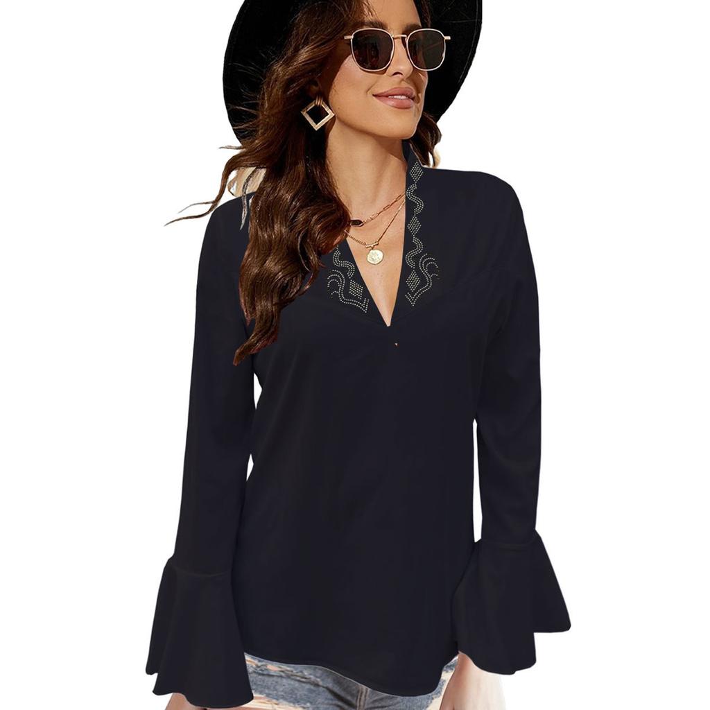 HNXC Women's Autumn Collection: Low-cut, Rhinestone, High-neck, Solid-color Lotus Leaf Long-sleeved Shirt for Women