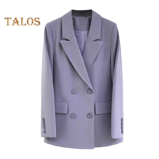 Women Suit Coat Lapel Long Sleeve Double-Breasted Suit Jacket with Flap Pockets Solid Color Loose Fit Casual Business Outwear