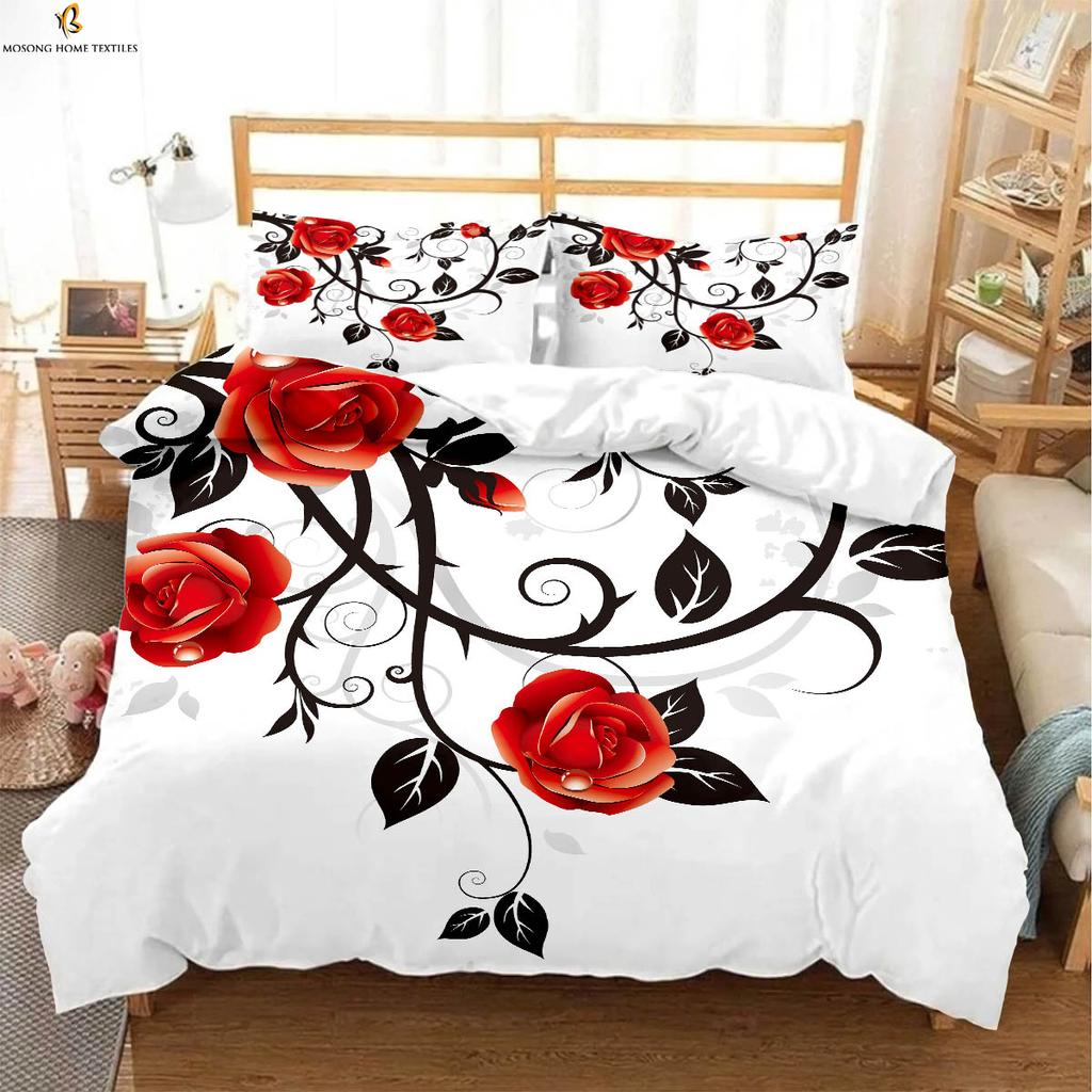 Vintage Wine Red Rose Print Quilt Cover Bedding Set Quilt Cover Pillowcase Romantic Valentine's Day Gift Three-Piece Set