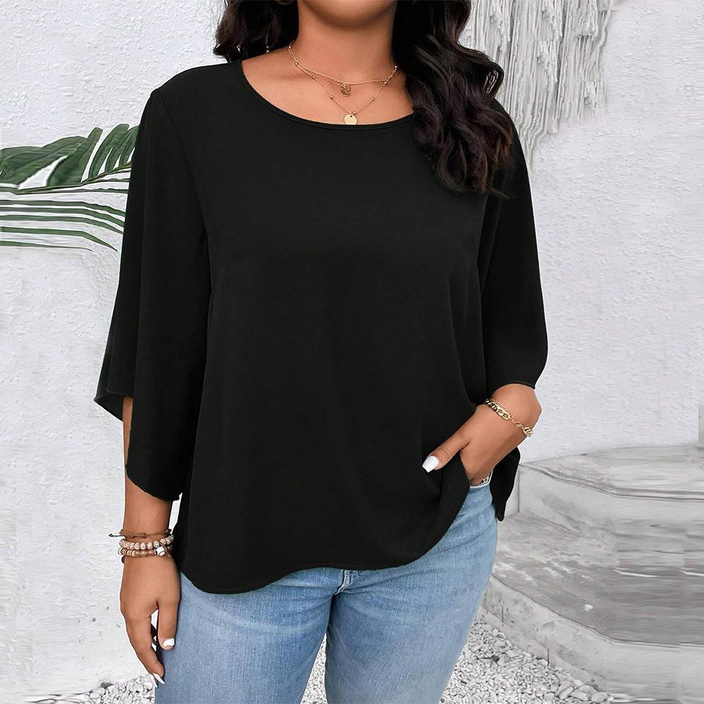 Hot Sale Large Size Women's Loose Casual T-Shirt Spring and Summer Trumpet Sleeves Black Skinny Short Top
