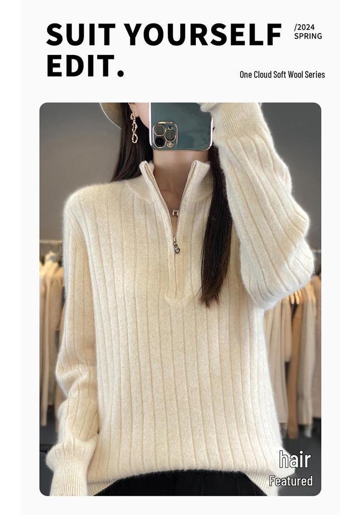Women's Heavy-Duty Half-Zip Cable Knit Wool Sweater - Warm, Thickened Stand Collar for Autumn & Winter
