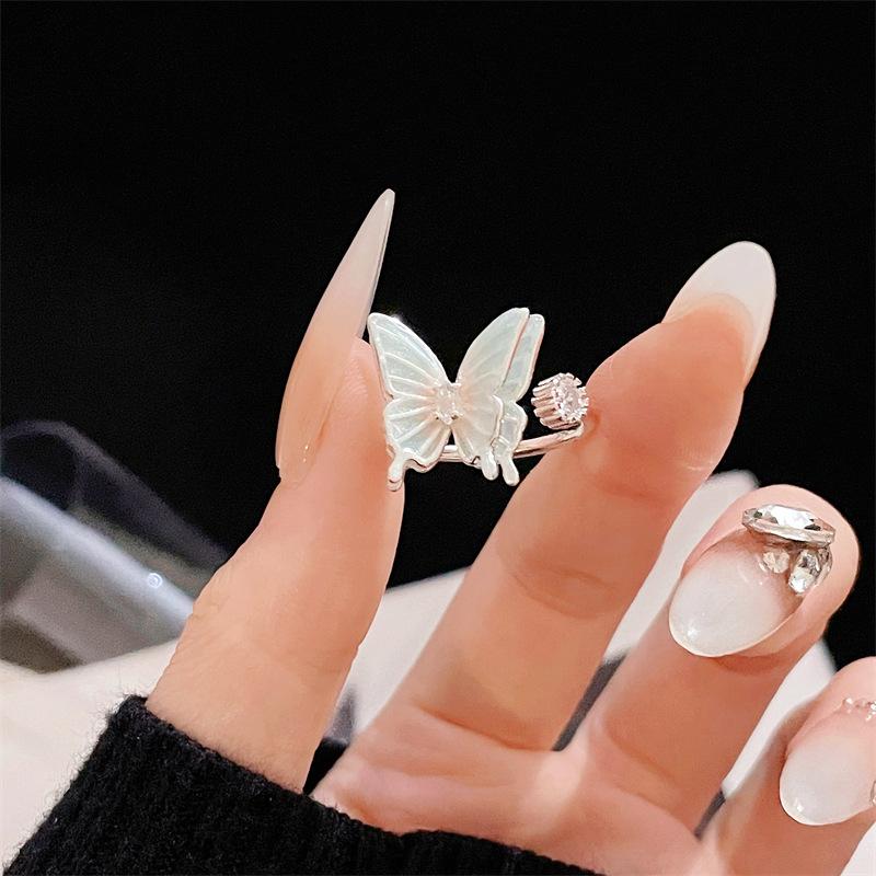 Light Luxury Silver Enamel Butterfly Open Ring Niche Design Sweet Romantic Personality Female Accessories Creative Ring