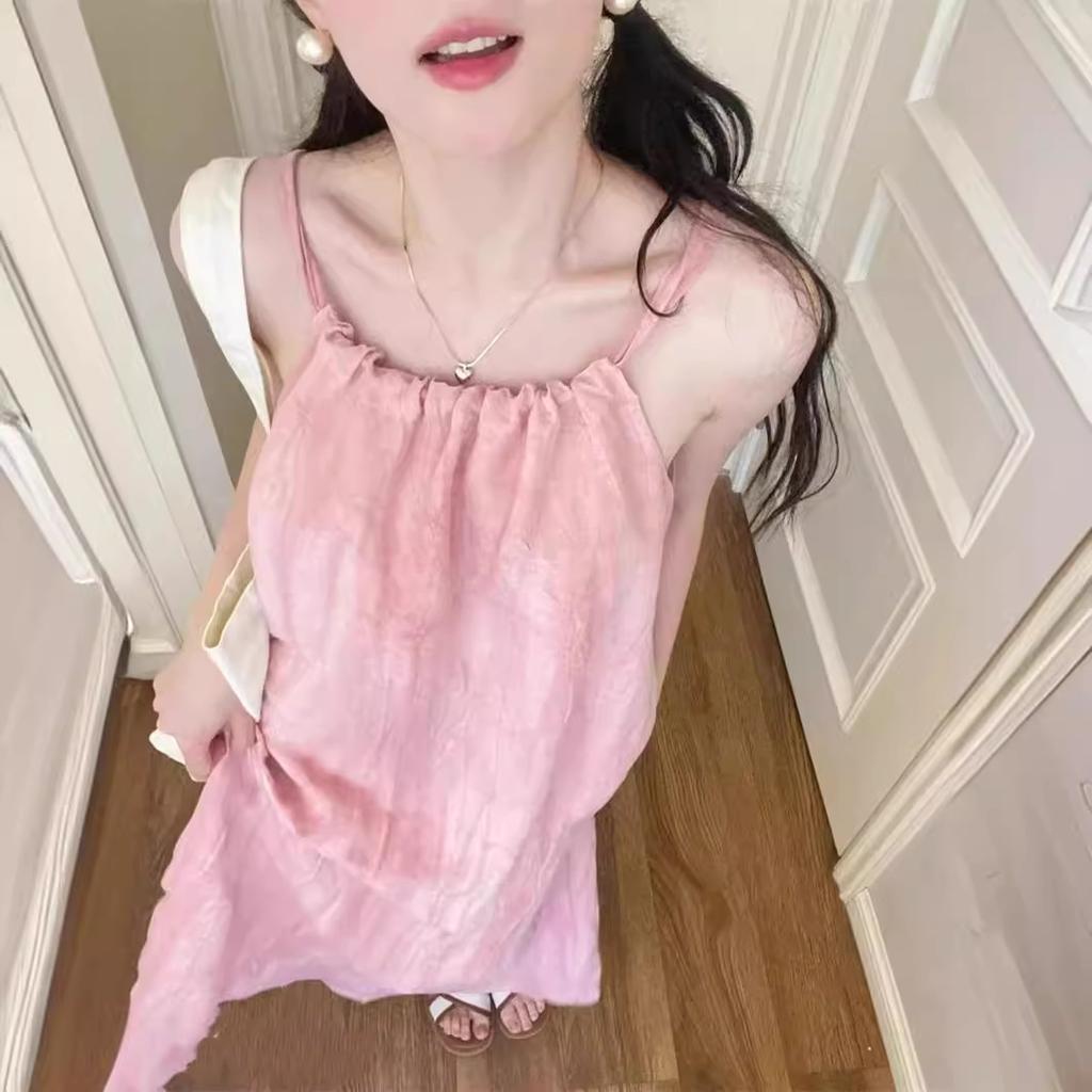 Dopamine pink suspender dress loose lazy wind year summer new sweet and spicy beach skirt women's clothing
