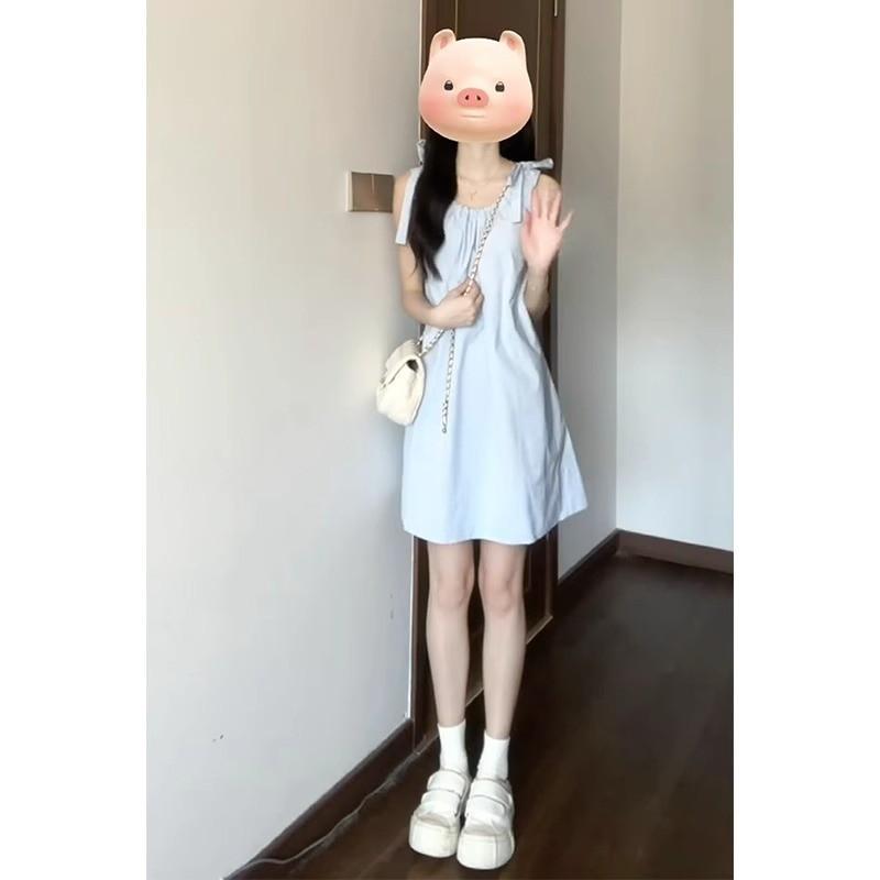

French sweet small fresh blue sleeveless strap dress women s new summer lace-up straight short skirt S синий