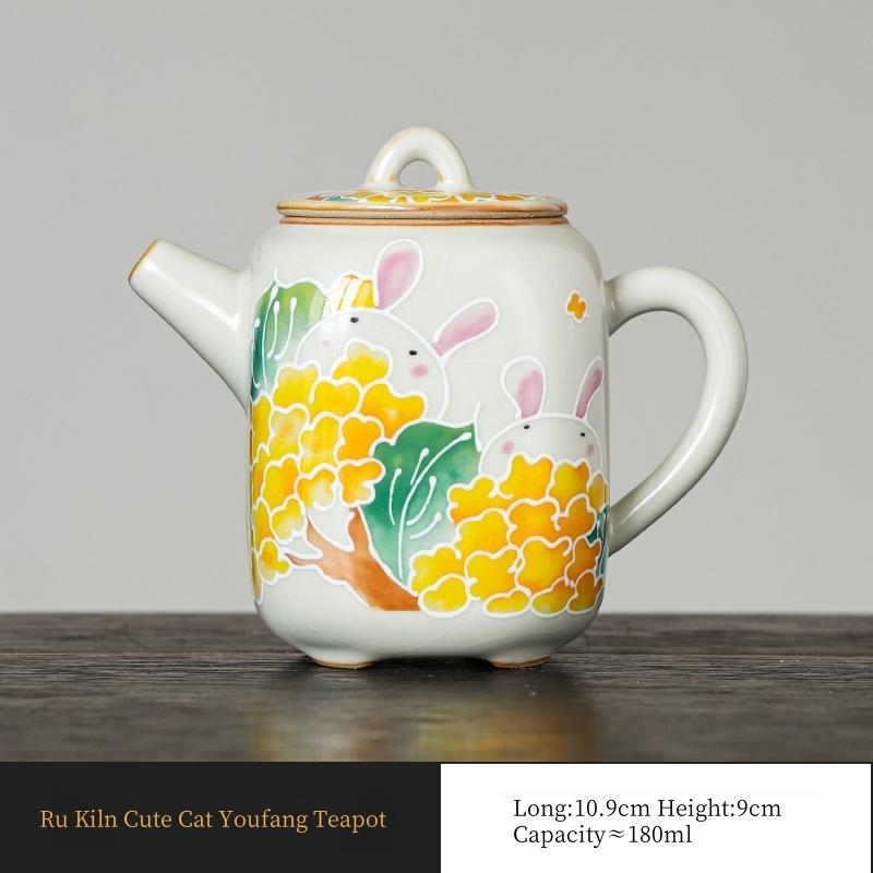 

180ml Ru Kiln Cute Cat You Fang Square Teapot High-end Exquisite Teapot Single pot Ru Yao Lady Teapot KungFu Tea Ceremony