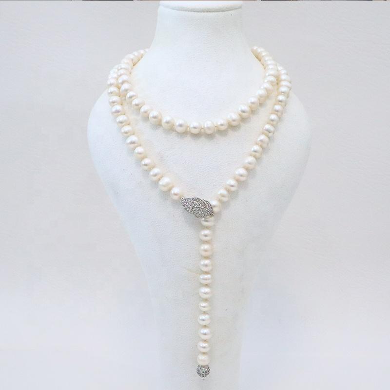 90cm Long Freshwater Pearl Necklace for Women Cubic Zirconia Leaf Shape Buttons and Sweater Chain