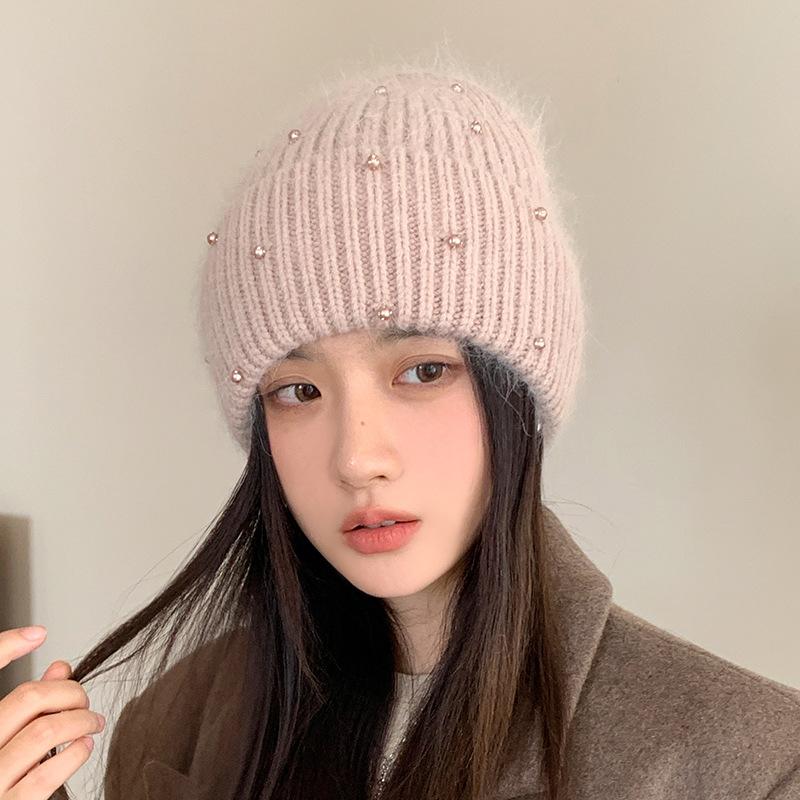 Neuer Perlen-Kaninchenhaar-Strickhut Damen Winter Outdoor Warm Mode Ohrenschützer Wollmütze