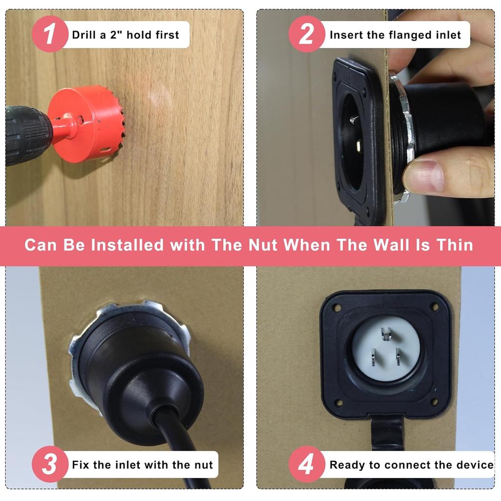 KUNCAN 15A AC Port Plug - 125V Power Inlet Socket With Triple 18 Inch Extension Cord, NEMA 5-15 Plug Flanged Inlet With Waterproof Cover Outdoor